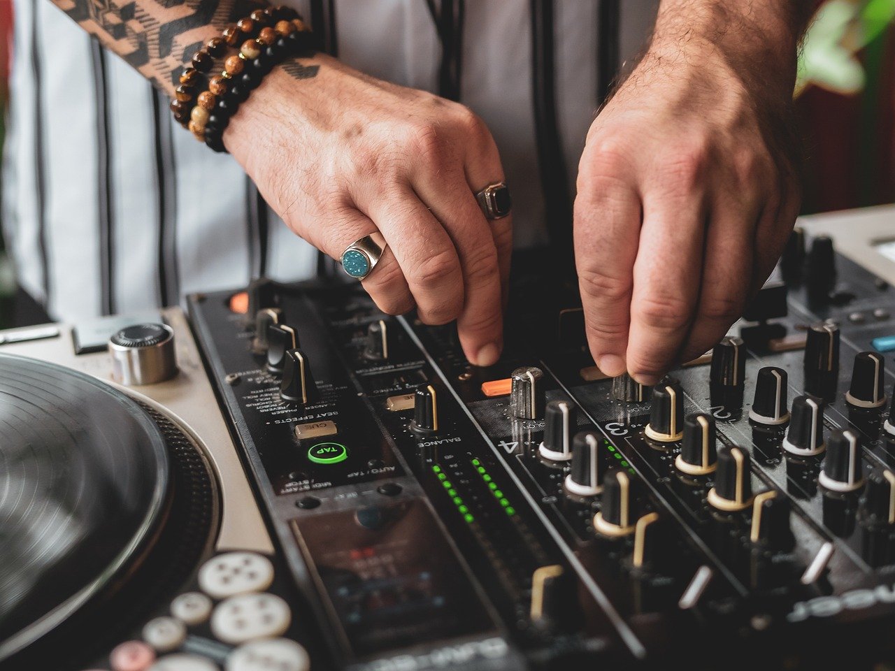 Close up of professional DJ decks and CDJ equipment